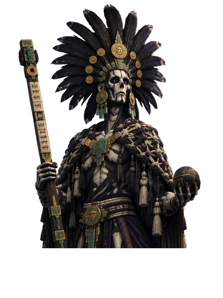 The Bone Scorekeeper, dewa kurus bertopeng tulang dengan hiasan kepala bulu burung hantu hitam, memegang tongkat hitung bertakik