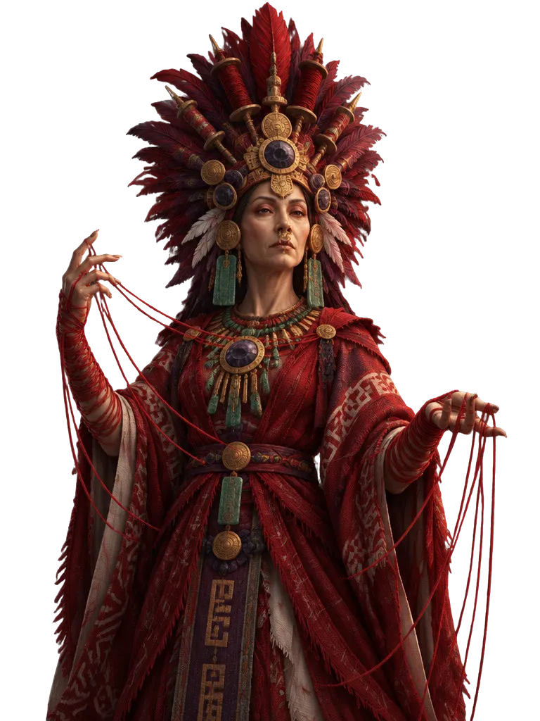 Lady Cochineal, dewi berjubah tenun merah tua dengan hiasan kepala bulu merah, benang merah terulur dari jarinya